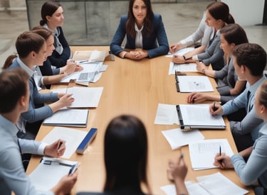 a group of people sitting around a table, in a meeting led by a female leader