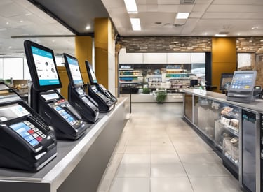Two service windows with blue signs above each window. The left sign reads 'Facturacion Caja' and the right one reads 'Faturamento Caixa.' These windows appear to be part of a billing or payment service area. A few items, such as boxes and papers, are placed behind the windows. A small digital display shows a number.