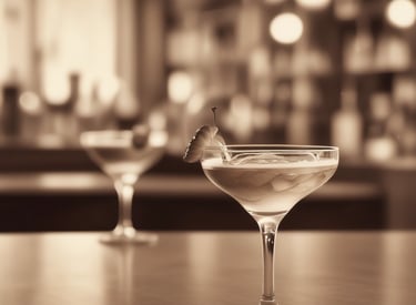 Two vibrant cocktails are placed on a bar counter. One cocktail is red with a slice of dried orange and a sprig of mint as garnish while the other is blue with foam on top and an ornate straw. Behind them, there are numerous bottles of liquor on shelves, creating a colorful background.