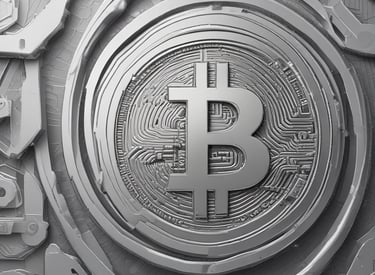 A stack of shiny, gold-like cryptocurrency coins featuring the logos of Ethereum and Bitcoin. The coins have a metallic sheen, with the Ethereum coin displaying a triangular symbol and Bitcoin displaying a 'B' with two vertical lines running through it.