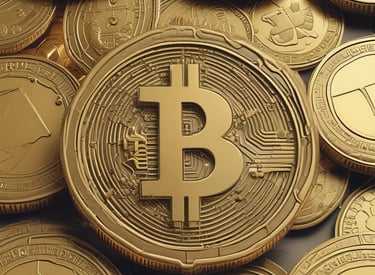 A collection of four coin-like representations of cryptocurrencies including Ethereum, Bitcoin, and Dogecoin. Each coin displays symbols or text related to its respective cryptocurrency. The background features a financial chart with candlestick patterns, suggesting a trading or investment context.