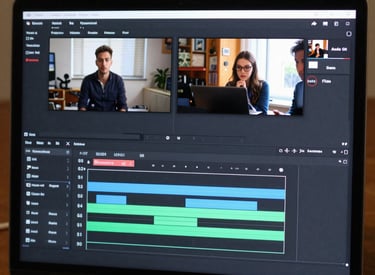A video editor’s workspace with multiple screens showing editing software in action.