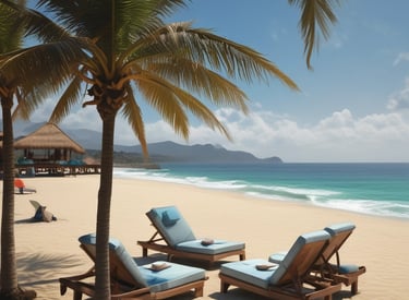 A scenic view of a tropical beach with clear blue waters and palm trees.