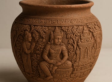 Hand-carved terracotta vessel depicting ancient figures and temple motifs, inspired by classical Asi