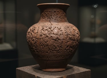 A reddish-brown terracotta vessel intricately carved with ancient figures and ornate floral patterns