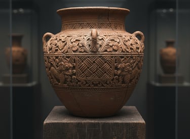 A reddish-brown terracotta vessel with intricate carvings of floral and mythical motifs, including h