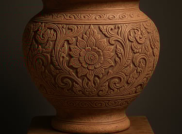 A terracotta vessel intricately carved with floral and swirling traditional motifs, exuding an ancie