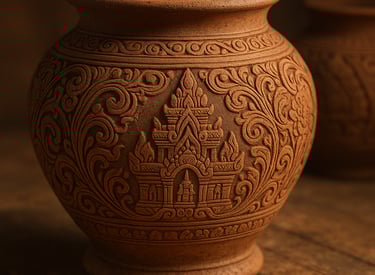 Handcrafted terracotta pot with intricate heritage temple carvings, symbolizing ancient artistry and