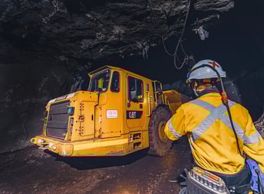 An employee communicating with an underground hauler driver inside the hauler