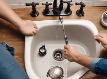 A close-up of a wrench and plumbing fittings on a workbench.