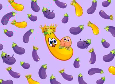 une aubergine violette d'aspect caricatural avec une couronne dessus
