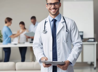 A successful nurse celebrating in front of a hospital.