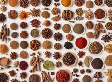 An organized display of various colorful spices and herbs in a vibrant marketplace. The spices are neatly arranged in rows, each with a distinctive color and texture, creating a visually appealing pattern. A large banner with 'Hazer Baba' is visible in the background, emphasizing a focus on quality.