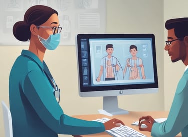 A medical setting with two people, likely healthcare professionals, focusing on a patient who is surrounded by numerous medical devices and monitors. The environment is busy with various tubes and equipment connected to the patient.