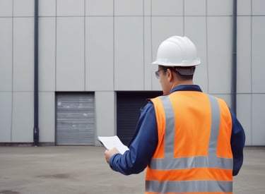 A professional conducting an underwriting survey at a commercial property.