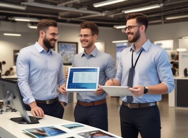 two men standing in a room with a laptop