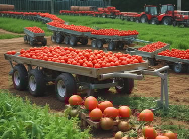 A large agricultural field with rows of green crops planted in neat lines, surrounded by trees in the distance. The landscape appears lush and well-maintained.