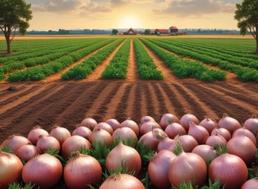 An aerial view of expansive agricultural fields stretching across the landscape, with a river winding through the center. The fields are divided into various sections with different shades of green and brown, indicating diverse crops or stages of growth.
