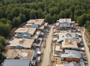 Aerial view of a construction site featuring multiple partially constructed buildings with a combination of flat and sloped roofs. The site is surrounded by a mix of residential houses and green areas. There are construction materials scattered around, and the roads nearby are bordered by trees and small residential properties.