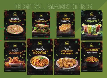 Colorful social media poster for a restaurant, featuring a photo of a gourmet burger with fries