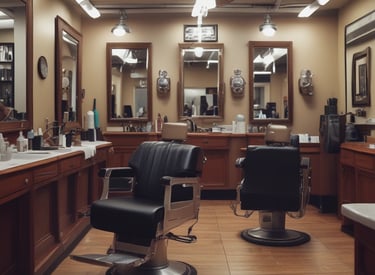 A vintage barbershop scene with a barber cutting a customer's hair. The shop interior features a simple setup with mirrors and shelves lined with various grooming products. The entrance door has Chinese characters on it. The atmosphere is classic, reflecting an old-fashioned style with wooden elements and a tiled floor.