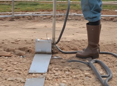 A construction site is depicted with exposed electrical wires protruding from a circular conduit in a rough concrete wall. The floor is covered in dust and debris, and there are multiple cables organized in a black mesh covering running along the floor.