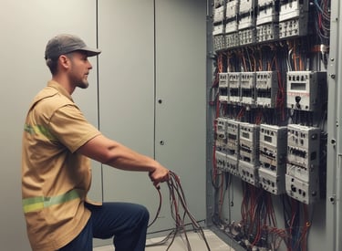 An electrical setup with several electronic devices and wires taped to a white wall. Blue tape is used to secure black cables and devices, which appear to be power adapters or similar equipment.