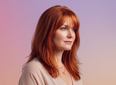 a woman with red hair and a pink shirt