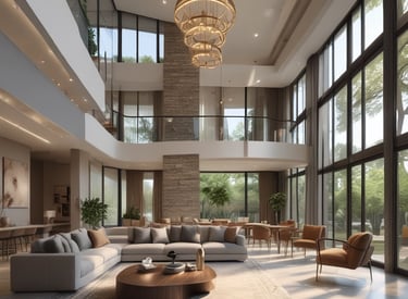 A modern two-story house with large glass doors on the ground floor and a balcony on the upper floor. The facade is well-lit and includes decorative plants and a statue to the left of the balcony area. The upper floor windows are framed by curtains, and there is a visible ceiling light within the interior. The house features a minimalist design with clean lines and contemporary architectural elements.