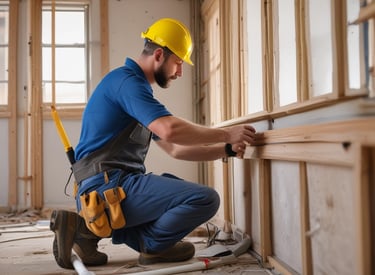 A modern house with a minimalistic design featuring clean white walls and a flat roof. A prominent turquoise door provides a striking accent to the building. Two tall palm trees tower beside the structure, under a clear blue sky.