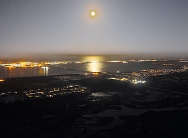 A stunning nighttime aerial view of a coastal cityscape illuminated by lights from buildings.