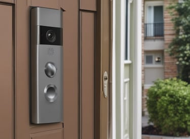 A close-up view of a dome-shaped security camera featuring a black lens housing and a white casing. The perspective highlights the circular design and electronic components, with a visible cable extending from the device.