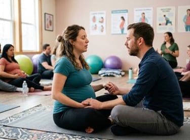 Expectant couples practicing meditation techniques & childbirth education class.