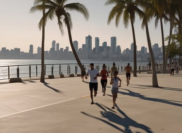 A group of people is participating in a running event on a city street, with a tall monument in the background. Tents and barriers line the street, and trees are visible on the left side. The weather appears partly cloudy.