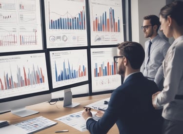 Close-up of hands typing on a laptop with data charts on screen.