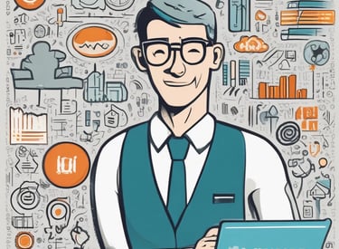 A busy office environment with employees collaborating over digital devices.