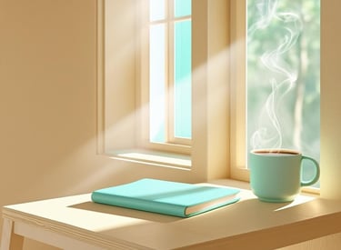 Cuaderno turquesa y taza de café en mesa de madera junto a una ventana con luz natural