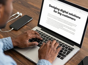 A person is typing on a silver laptop with a screen displaying text about designing digital solutions for big customers. Nearby, there is a black smartphone and white earphones placed on the desk. The person's sleeves are light blue, suggesting a casual attire.