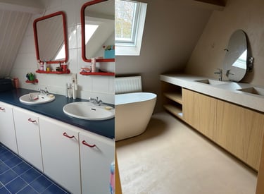 Voor en na renovatie van een badkamer met maatmeubilair en sanitair door AP Services in Leuven