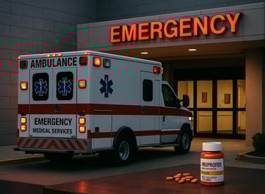 Ambulance pulling up to a hospital emergency room entrance, symbolizing urgent medical care for ibuprofen overdose.