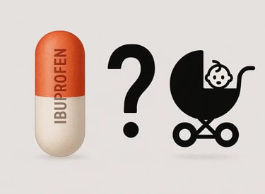 buprofen capsule, question mark, and baby stroller icon showing uncertainty about fertility.