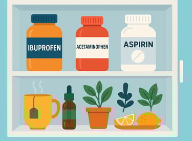 Illustration of an open medicine cabinet w ibuprofen, acetaminophen, & aspirin bottles, herbs, tea, & lemon natural remedies