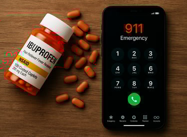 Flat-lay of ibuprofen pills beside a smartphone with “911 Emergency” displayed on the screen.