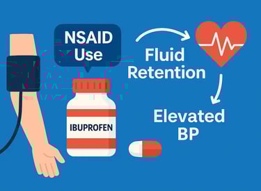 Flat-style illustration showing ibuprofen use leading to increased blood pressure, with visual heart and artery indicators.