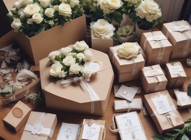 A box containing elegantly decorated desserts, including cake popsicles coated in white chocolate with pink drizzle and colorful sprinkles, alongside a frosted cupcake adorned with similar sprinkles. The treats are nestled in pink shredded paper, creating a festive and inviting presentation.