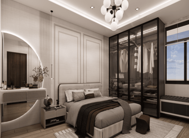 Stylish interior design for master bedroom featuring cot, bed back panel, coordinated bed dressing and spacious wardrobe