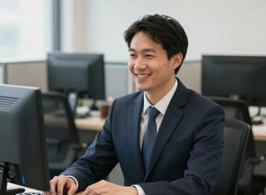 A confident hiring manager reviewing resumes on a sleek desktop in a modern office.