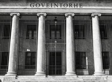 Black and white photo of a vigilant security guard standing watch in front of a historic building.