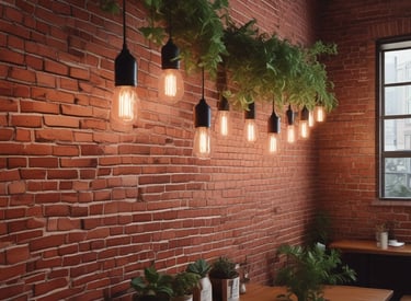 A brick wall with Edison lights and greenery.
