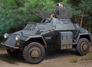 Box art illustration of German military vehicle WWII, SD.KFZ.222 German Leichter Panzerspahwag, mili